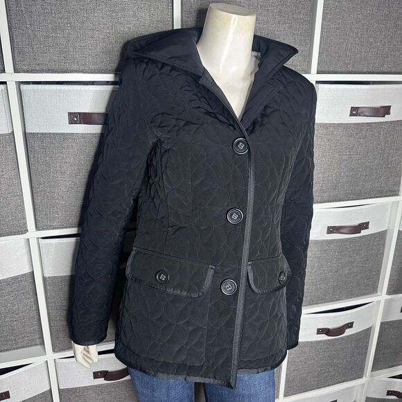 Esprit Black Quilted Button Front Hooded Jacket Size Small - Picture 10 of 11